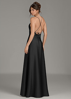 Azazie Eris Bridesmaid Dresses Black A-Line Pleated Stretch Satin Dress image2