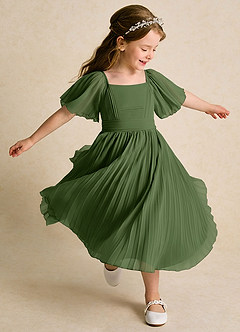 Azazie Gisele Robe Demoiselle D'honneur Fillette Robe Trapèze en Mousseline de soie Plissée Olive image2