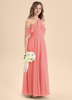 Azazie Tessabelle Junior Coral A-Line Off the Shoulder Chiffon Dress image5