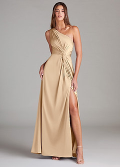 Azazie Brooke Bridesmaid Dresses Champagne A-Line One Shoulder Stretch Satin Dress image1