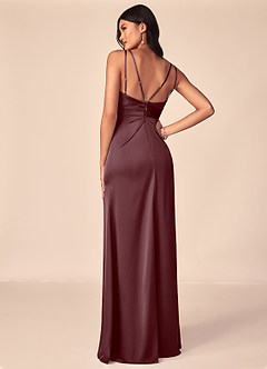 Azazie Aqua Bridesmaid Dresses Sangria A-Line V-Neck Pleated Stretch Satin Dress image2