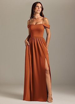 Azazie Calianna Bridesmaid Dresses Cinnamon A-Line Off the Shoulder Stretch Satin Convertible Dress image5
