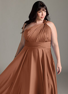Azazie Charlize Bridesmaid Dresses Bronzer A-Line One Shoulder Stretch Satin Dress image15