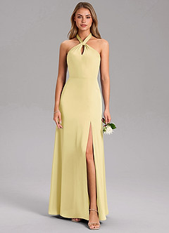 Azazie Tracie Bridesmaid Dresses Lemon Sorbet A-Line Side Slit Stretch Satin Dress image3