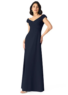 Azazie Evita Vestidos de damas de honor Vestido de Azul Marino Oscuro de Crepé elástico de Corte en A con Vestidos sin tirantes image3