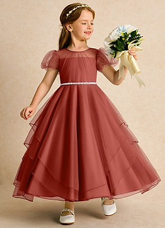 Azazie Duckie Flower Girl Dresses Terracotta Ball-Gown Pleated Tulle Dress image1