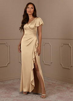 Azazie Roya Mother of the Bride Dresses Champagne Mermaid V-Neck Pleated Stretch Satin Dress image1