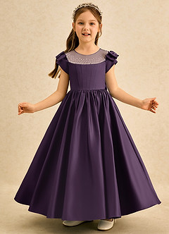 Azazie Toffee Abiti da Ragazza di Fiori Abito Stile Principessa in Raso Opaco Fiocco Prugna image3