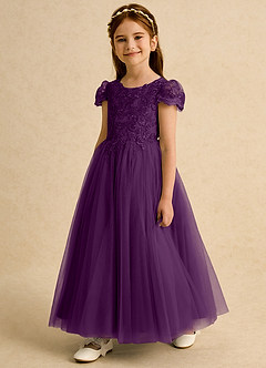 Azazie Puff Flower Girl Dresses Grape Ball-Gown Lace Tulle Dress image2