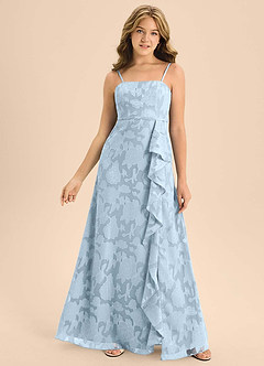 Azazie Kaylee Junior Sky Blue A-Line with Belt Floral Burnout Dress image1