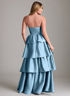 Azazie Faye Bridesmaid Dresses Steel Blue A-Line Ruched Stretch Satin Dress image2
