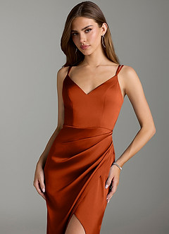Azazie Leo Bridesmaid Dresses Paprika Sheath Pleated Stretch Satin Dress image5