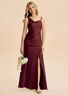 Azazie Abby Junior Cabernet Sheath Pleated Stretch Satin Dress image1