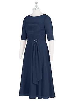Azazie Naomi Mother of the Bride Dresses Dark Navy A-Line Boatneck Pleated Chiffon Dress image9