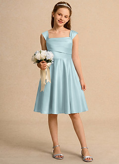 Azazie Budle Flower Girl Dresses Mist A-Line Pleated Matte Satin Dress image1