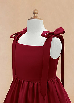 Azazie Chelsie Flower Girl Dresses Burgundy A-Line Bow Matte Satin Dress image8