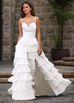 Floralace 화이트 러플 A라인 프롬 드레스 image5