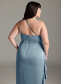 Azazie Latrice Bridesmaid Dresses Dusty Blue Sheath One Shoulder Cascading Ruffles Stretch Satin Dress image12
