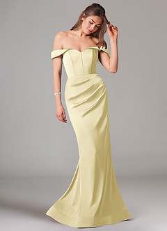 Azazie Everly Jurken voor bruidsmeisjes Converteerbaar Jurk van Stretch Satijn met Zeemeermin Off the Shoulder Citroensorbet image6