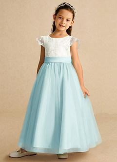 Azazie Pookie Flower Girl Dresses Sea Glass A-Line Lace Tulle Dress image1