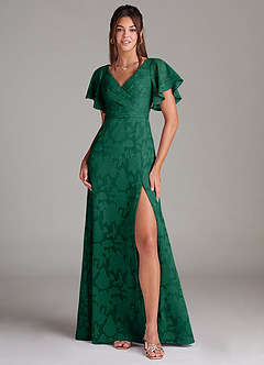 Azazie Ambrosia Bridesmaid Dresses Emerald A-Line Pleated Floral Burnout Dress image1
