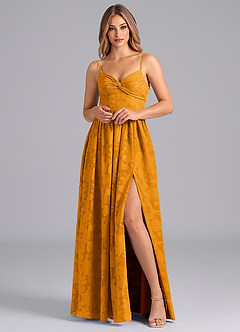 Azazie Zeya Bridesmaid Dresses Butterscotch A-Line Bow Floral Burnout Dress image3