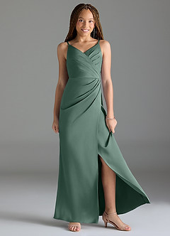 Azazie Maci Junior Eucalyptus Mermaid Pleated Stretch Satin Dress image3