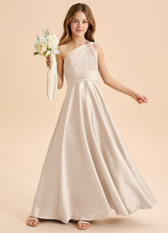 Azazie Charlize Junior Abito A-Line in Raso Elasticizzato Plissettato Alabastro Bianco image1