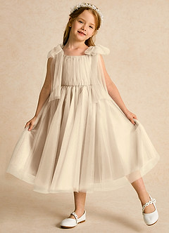 Azazie Dori Robe Demoiselle D'honneur Fillette Robe Trapèze en Tulle Rayé Champagne image4