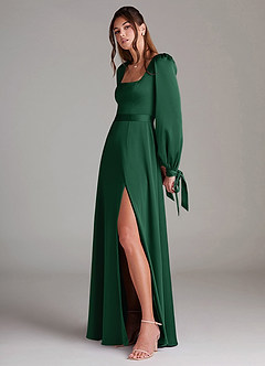 Azazie Leonia Vestidos de damas de honor Vestido de Verde Oscuro de Satén Elástico de Corte en A con Manga larga image5