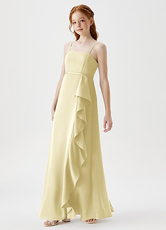 Azazie Kaylee Junior Lemon Sorbet A-Line with Belt Stretch Satin Dress image4