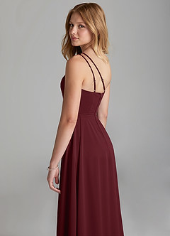 Azazie Maron Junior Cabernet A-Line Pleated Stretch Satin Dress image2