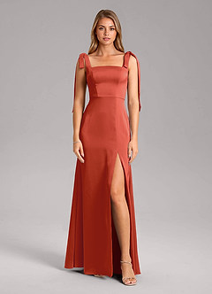 Azazie Frostine Bridesmaid Dresses Rust A-Line Bow Stretch Satin Dress image5