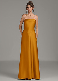 Azazie Eris Bridesmaid Dresses Butterscotch A-Line Pleated Stretch Satin Dress image1