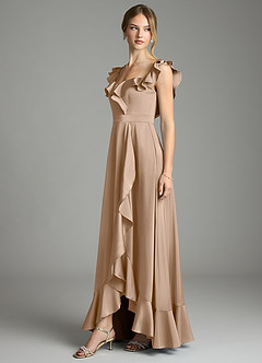 Azazie Lyra Vestidos de damas de honor Vestido de Gris Pardo de Satén Elástico de Corte en A Convertible con Vestidos sin tirantes image4