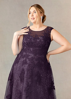 Azazie Flynn vestidos de madre de la novia Vestido de Ciruela de Tul de Corte En A con Cuello barco encaje image10