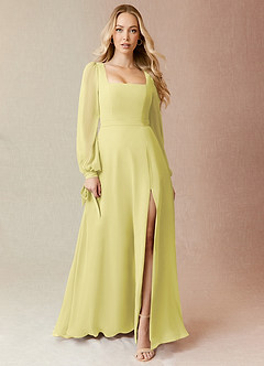 Azazie Leonia Bridesmaid Dresses Lemon Sorbet A-Line Long Sleeve Chiffon Dress image7