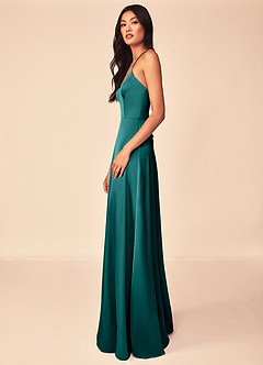 Azazie Mei Bridesmaid Dresses Peacock A-Line V-Neck Stretch Satin Dress image4