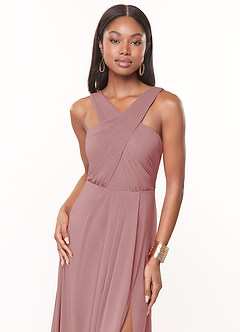 Azazie Brandie Robes de demoiselle d'honneur Robe Trapèze en Mousseline extensible Plissée Rose Poussiéreuse image5