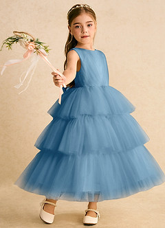 Azazie Marshmallow Blumenmädchenkleider Ballkleid Schleifen Tüll Kleid Stahlblau image1
