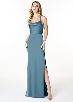 Azazie Myla Final Sale Agave Sheath Cowl Keyhole Stretch Satin Dress image1