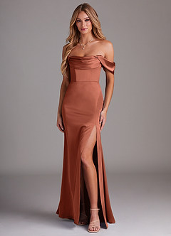 Azazie Saige Bridesmaid Dresses Clay Sheath Off the Shoulder Stretch Satin Dress image1