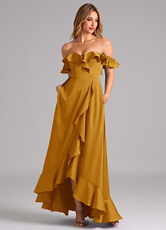 Azazie Lyra Bridesmaid Dresses Butterscotch A-Line Off the Shoulder Stretch Satin Convertible Dress image3
