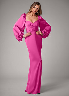 Azazie Sonata Bridesmaid Dresses Fuchsia Sheath Long Sleeve Stretch Satin Convertible Dress image5