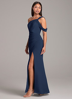 Azazie Wynter Bridesmaid Dresses Dark Navy Sheath Off the Shoulder Chiffon Dress image3
