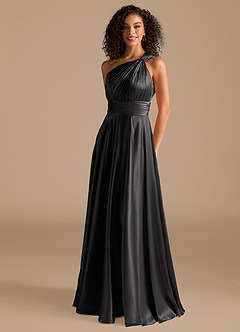 Azazie Charlize Bridesmaid Dresses Black A-Line One Shoulder Metallic Satin Dress image1