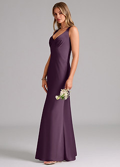 Azazie Kamila Bridesmaid Dresses Plum A-Line Pleated Stretch Satin Dress image6
