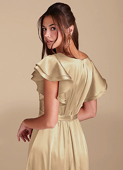 Azazie Daphne Modest Bridesmaid Dresses A-Line Ruched Metallic Satin Floor-Length Dress image6