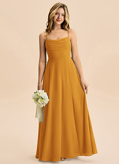 Azazie Bear Junior A라인 주름진 쉬폰 플로어 길이 주니어 신부 들러리 드레스 image1