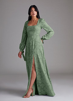 Azazie Leonia Brautjungfernkleider A-Linie Langarm Blumen-Burnout Kleid Matcha image2
